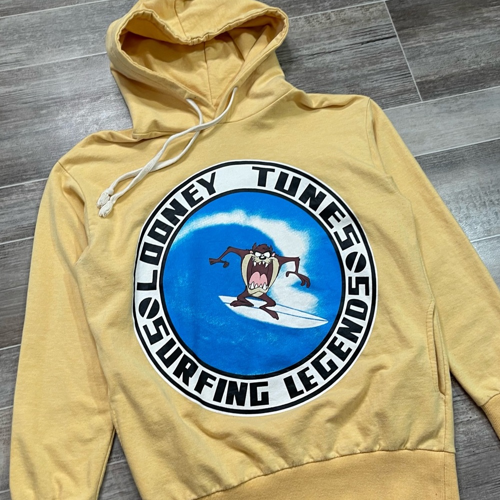 Taz Looney Tunes Surfing Legends Hoodie Lightweight Yellow - Picture 3 of 5
